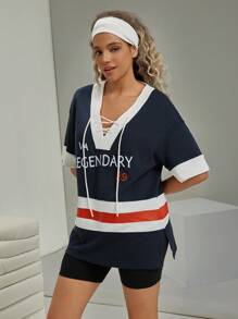 VARSITIE Summer Outdoors & Leisure Basic Print & Drawstring With  Women Sports Sets - Navy Blue - View 6