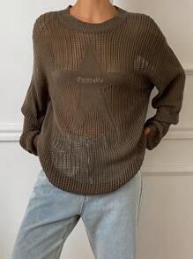 DAZY Letter Embroidery Oversized Long Sleeve Crew Neck Pattern Women Sweater Sheer,Fall Women Clothes - Green - View 7