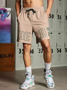 Gym Rark Boyfriend Style Men's Front Tie Letter Print Pocket Shorts Casual Vacation School Sweat Pants - Khaki - View 1