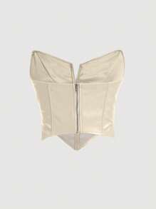 SHEIN MOD Solid Hanky Hem PU Leather Tube Top - Beige - View 2