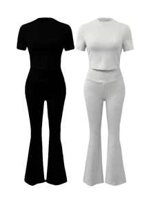 INAWLY Solva Bộ 2 chiếc áo khoác và quần ống loe màu trơn thường ngày cho nữ, mùa xuân hè - Nhiều màu - Xem 2