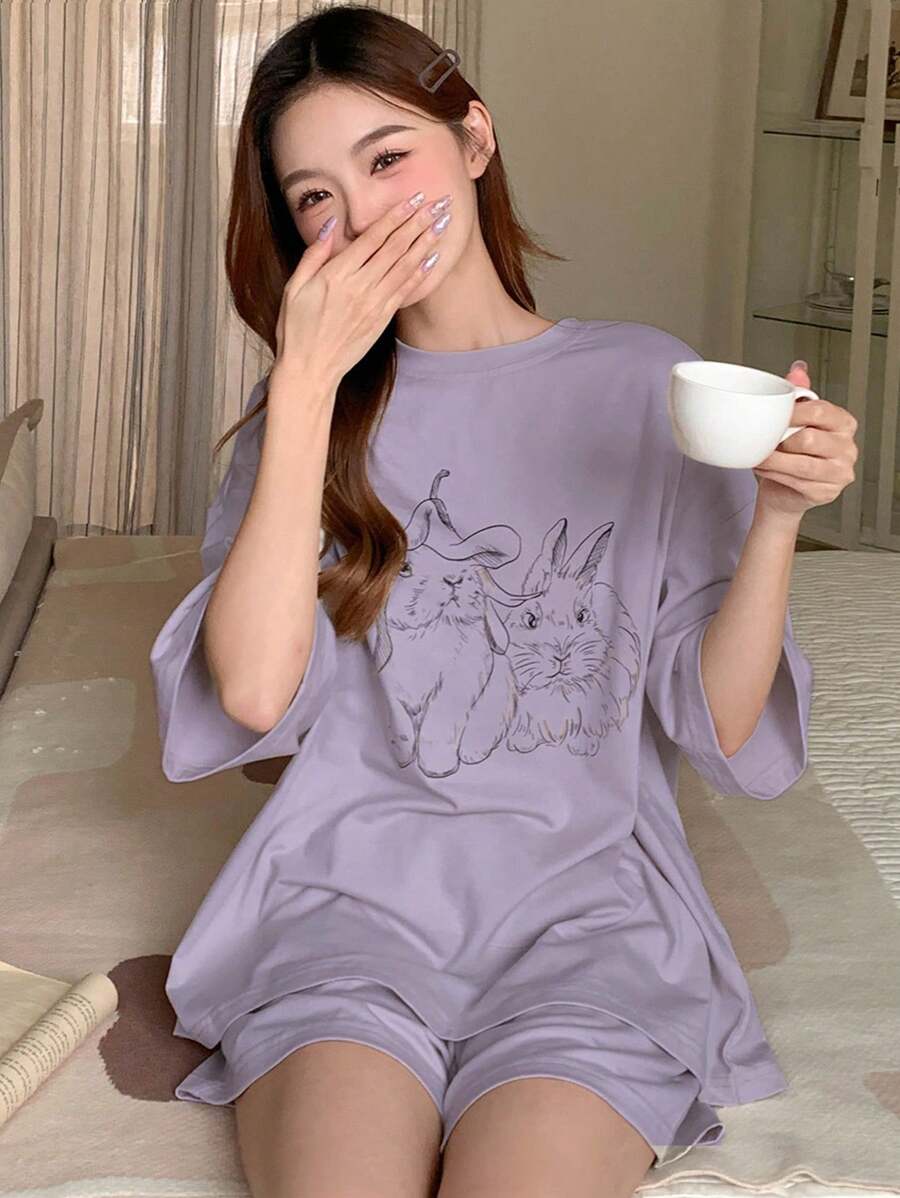 DAZY 可爱兔子印花短袖短裤睡衣套装,宽松 - 紫色 - 查看 1