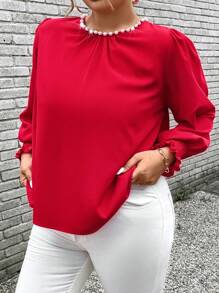SHEIN Unity Camisa de mangas largas, de cuello redondo, de unicolor y elegante para ropa de Año Nuevo para tallas grandes - Rojo - Ver 4