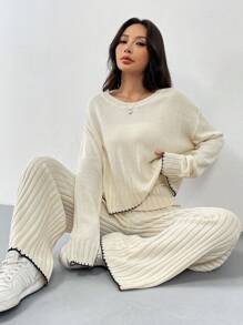Chiquease 圆领拼接长袖毛衣裤套装 - 米色 - 查看 1