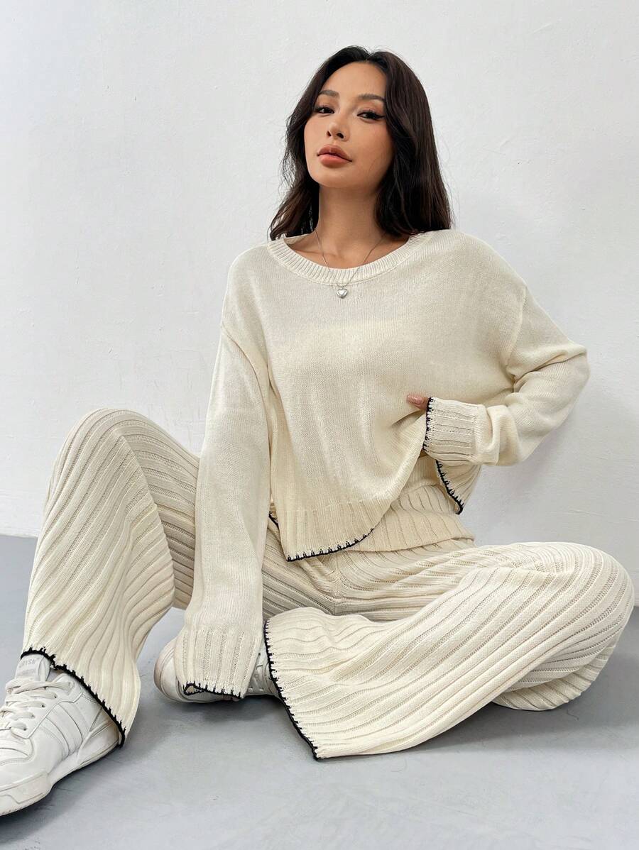 Chiquease 圆领拼接长袖毛衣裤套装 - 米色 - 查看 1