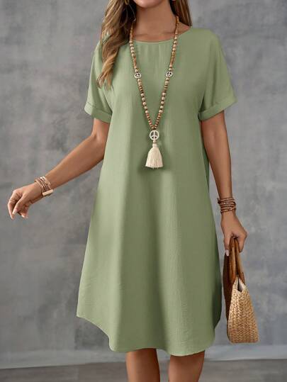 EMERY ROSE 女士纯色圆领休闲短袖连衣裙，夏季