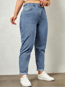 SHEIN Cottnline Plus Size Casual Tapered Jeans - Medium Wash - View 4