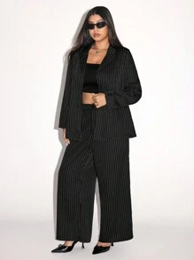 SHEIN ICON Plus Striped Minimalist Silhouette Suit Jacket And Pants - Black and White - View 6