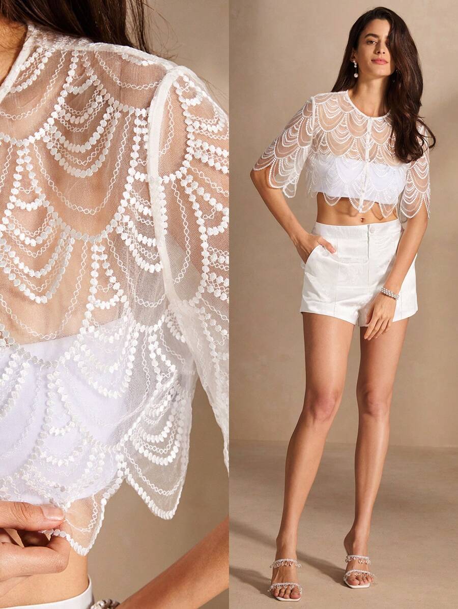 Anewsta Áo khoác ngoài nữ mới, chất liệu xuyên thấu, thêu họa tiết sóng, cổ tròn, tay ngắn, cài cúc ngọc trai, kiểu dáng gợi cảm. - trắng - Xem 1