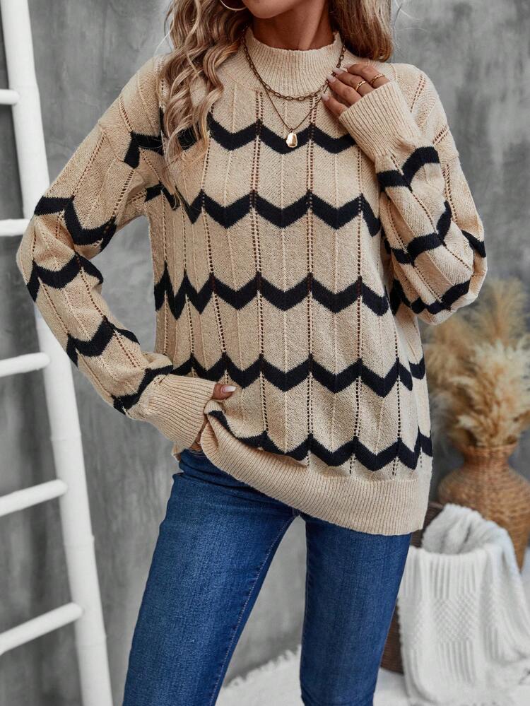 Women's Stand Collar Long Sleeve Striped Contrast Design Casual Pullover Sweater Fall Clothes Women