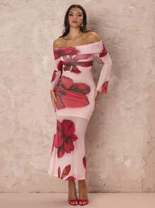 SHEIN X  Ignacia Antonia Glamine Off-Shoulder Floral Print Fitted Dress, Casual/Resort