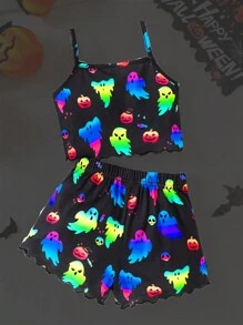 SHEIN 2pcs/Set Girl Summer Cartoon Ghost Luminous Camisole And Shorts Casual Pajama Set - Multicolor - View 1