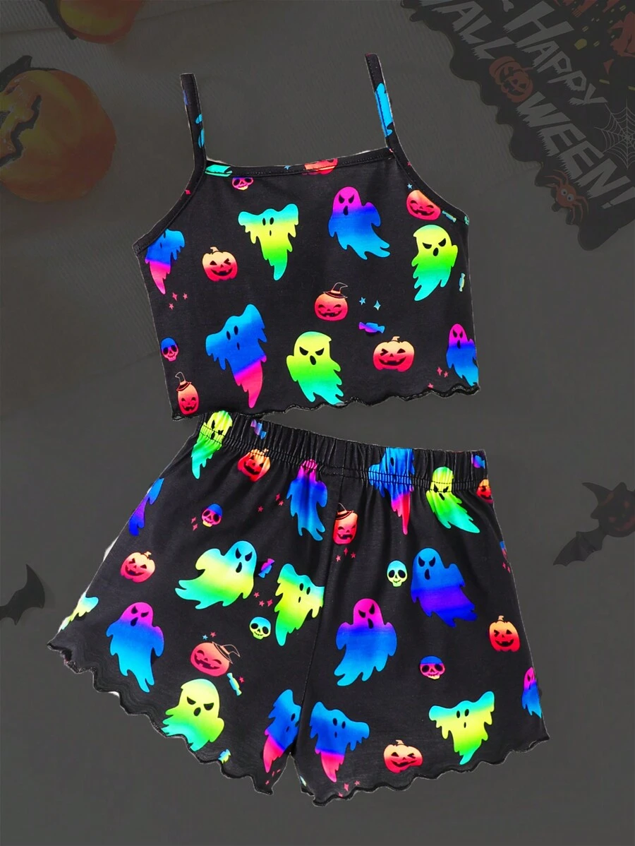 SHEIN 2pcs/Set Girl Summer Cartoon Ghost Luminous Camisole And Shorts Casual Pajama Set - Multicolor - View 1