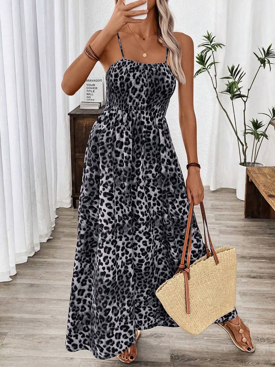 Breezaya 女式夏季豹纹 V 领无袖高腰中长连衣裙，性感时尚 - 灰色 - 查看 1