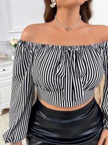 SHEIN Privé Bluză cu decolteu în V cu dungi pentru femei de mărime mare, neagră - ținută de birou versatilă - Multicolor - Vizualizare 4