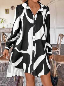 Chiquease 女款長袖高低下擺襯衫裙 - 黑與白 - 查看 3