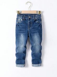 Young Boy Medium Washed Blue Simple And Versatile Casual Rolled-Hem Stretch Denim Trousers Chic Outfits For Autumn/Winter