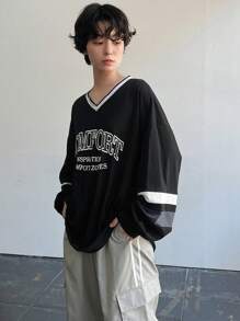 FRIFUL 女士V领撞色字母印花休闲长袖T恤，秋季服装 - 黑色 - 查看 6
