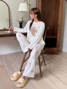 DAZY Cute Bear Letter Print Loose Fit Long Sleeve Top And Pants Pajama Set