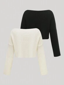 SHEIN Unity Set pulover tricotat cu decolteu în V pentru damă, culoare solidă, stil elegant și moale