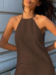 INAWLY Vestito corto estivo da donna con tela solida, collo alto, senza schienale e senza maniche