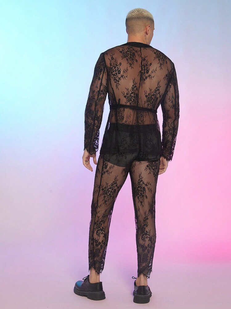 FeverCity Men Lace Semi-Transparent Long-Sleeved Trousers Suit - Black - View 2