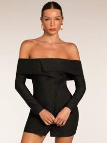 SHEIN BAE Mujer otoño Ropa mujer Mangas largas Mujer hombros descubiertos Manga larga Hombros descubiertos unicolor Minimalista Elegante blazer Otoño Ropa mujer Otoño Negocios casuales Mujer Vestido maestro Salidas Atuendos Oficina Ropa Mujer Blazers Ropa de trabajo