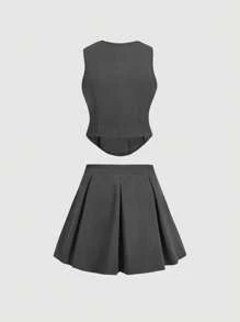 SHEIN MOD Plus Size Grey Retro Sleeveless Suit Set, Back To School Vintage Outfit In Fall/Winter - Grey - View 2