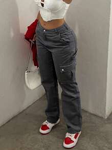 NVFelix New Retro Y2K Cargo Pants For Women - Stretch Flap Pocket Design, Streetwear Style (Fall Clothes) - 深灰色 - 查看 4
