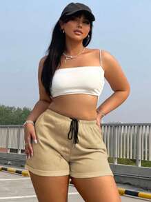 Flirla Pantalones cortos con cordón sencillos y lisos para uso diario de mujeres de talla grande - Caqui - Ver 6