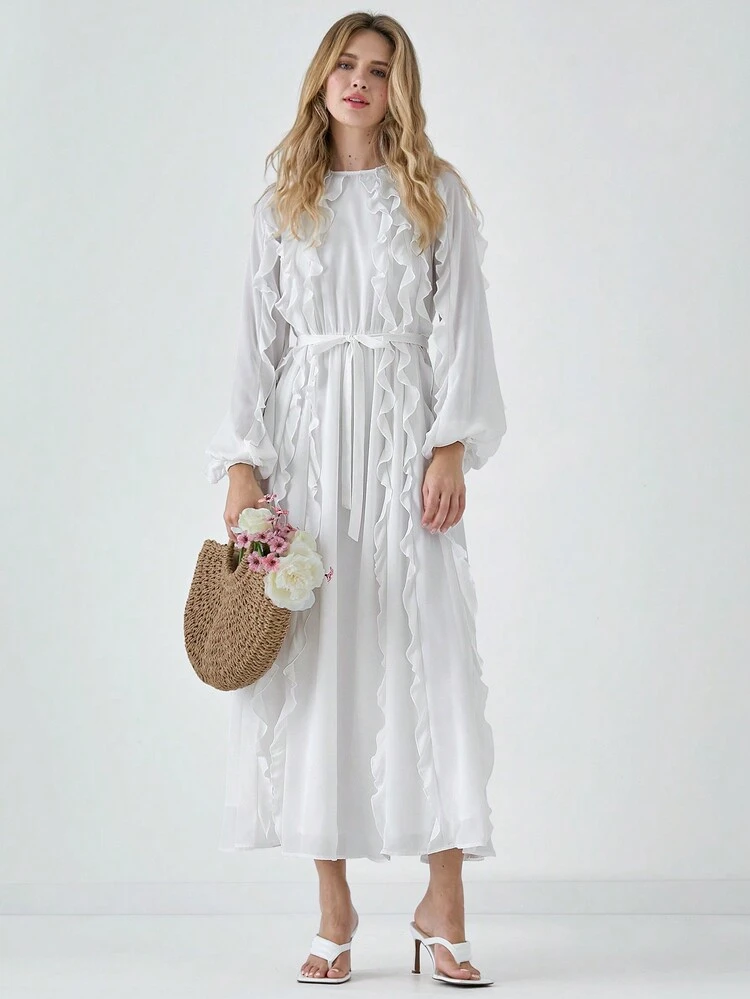 Romantic Fall Holiday White Elegant Long Sleeve Ruffle Hem Midi Casual Dress