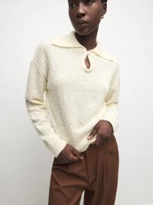 BizChic Beige Collar Hollow Out Drop Shoulder Loose Knit Sweater - Apricot - View 1