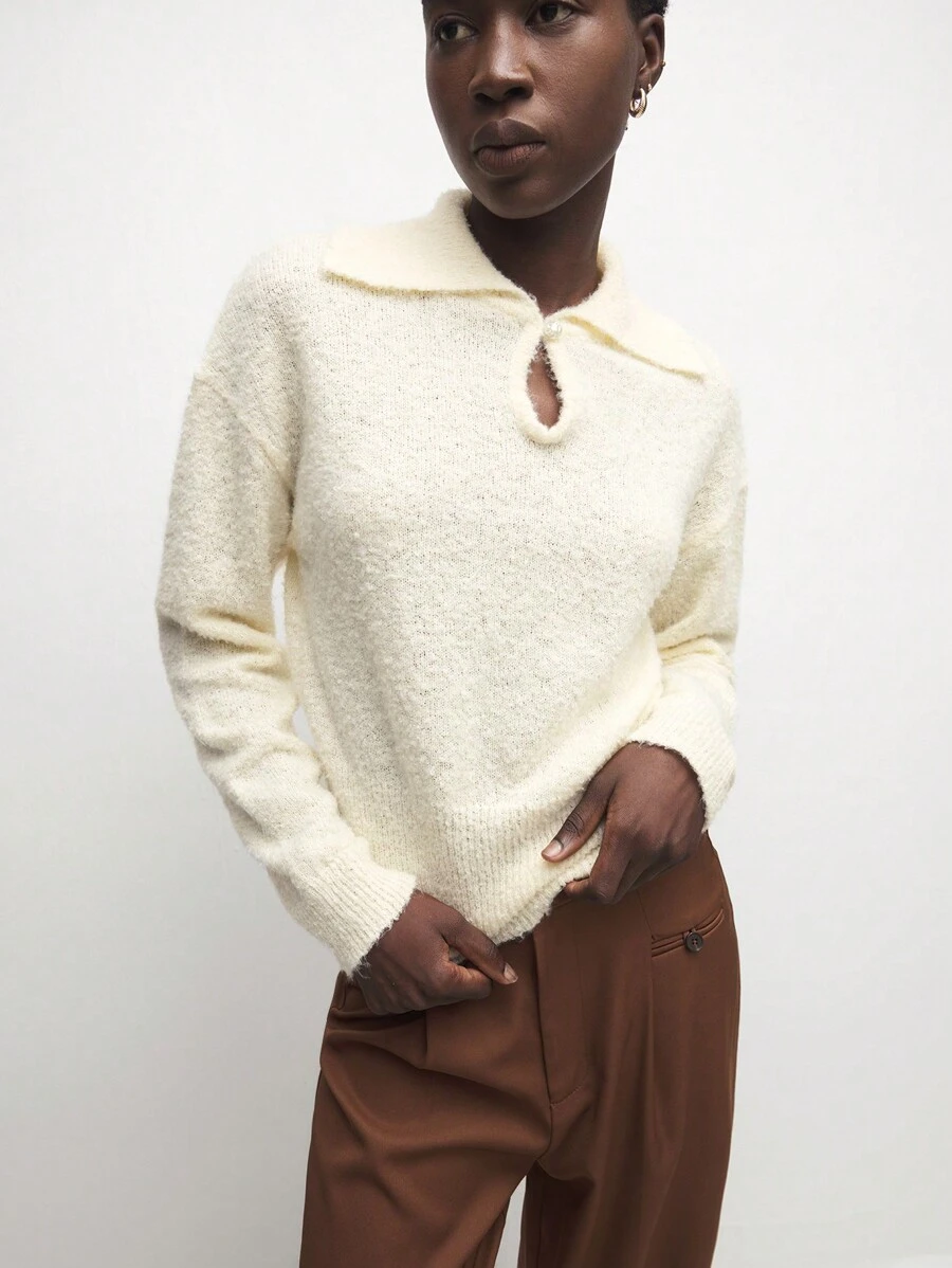 BizChic Beige Collar Hollow Out Drop Shoulder Loose Knit Sweater - Apricot - View 1