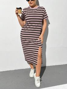 SHEIN Essnce Plus Size Nữ Mùa Hè Áo thun sọc xẻ tà dáng rộng mùa hè - Màu tím hoa cà - Xem 5