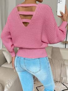 Chiquease Women's Solid Color V-Neck Casual Long Sleeve Pullover Sweater Knit Pullover Fall Winter Outfit - Pink - View 2