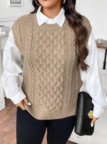 EMERY ROSE Plus Size Crew Neck Short Sleeve Textured Design Casual Loose Comfortable Sweater Vest Winter Fall Autumn