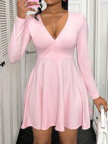 SHEIN BamGlam Váy nữ đơn giản cổ chữ V quyến rũ Avant-Garde, váy ngắn mini, váy mùa thu - Hồng - Xem 4