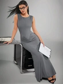 Hauture 褶饰细节长款背心裙 - 深灰色 - 查看 1