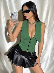 SHEIN Unity Women's Solid Color Minimalist Daily Sleeveless Blazer Jacket - Green - View 4