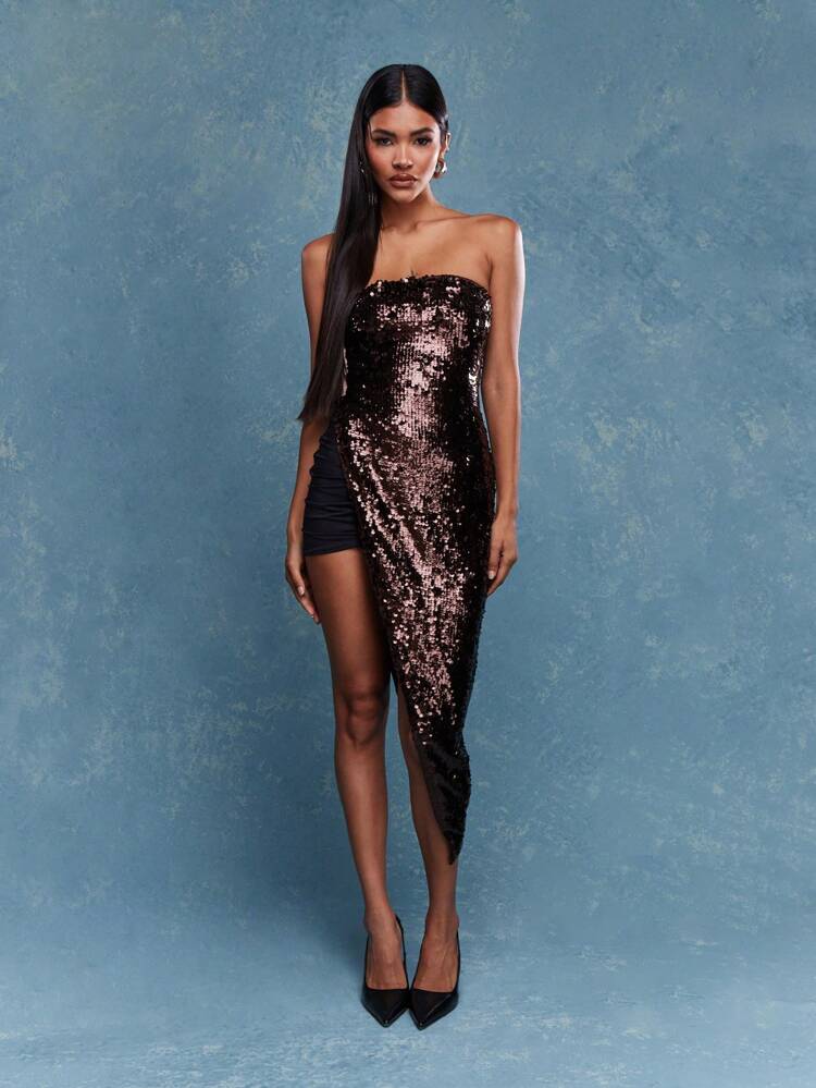 MISSGUIDED Olśniewający cekinowy bandeau asymetryczny wieczorowy gorset top klubowy impreza specjalna okazja bez ramiączek modny element świąteczny blask