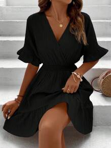 SHEIN LUNE Surplice Neck Flounce Sleeve Ruffle Hem Dress - Black - View 6