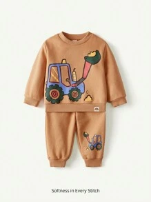 Cozy Pixies 2 Chiếc Xe Đẩy Hoạt Hình Bé Trai Họa Tiết Dệt Kim Mềm Raglan Tay Áo Và Bộ Quần Có Còng - màu nâu - Xem 15