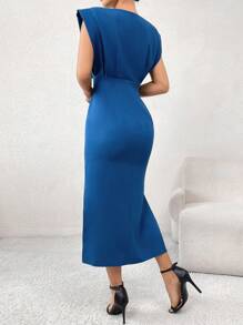 Modelyn Solid Split Thigh Shoulder Pad Dress - Teal Blue - View 2