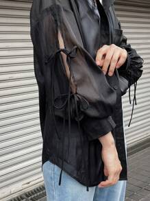 FRIFUL 女式系带单排扣休闲日常长袖透明衬衫