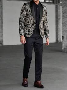 Manfinity Bizformal Men's Business Formal Event Luxurious Party Exquisite Fancy Animal And Plant Paradise Black And Gold Color Embossed Suit Set ,Men Two Pieces Outfits - Gold - View 3