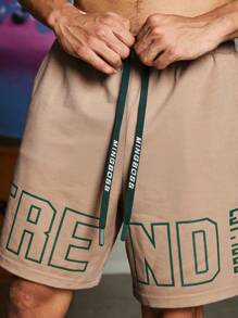 Gym Rark Boyfriend Style Men's Front Tie Letter Print Pocket Shorts Casual Vacation School Sweat Pants - Khaki - View 3