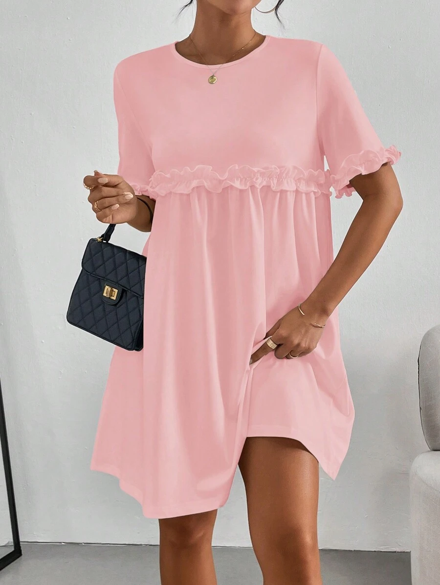 SHEIN Essnce 女士圆领短袖荷叶边下摆迷人甜美优雅连衣裙