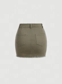 SHEIN Teen Girl Button Belt Loop Ripped Denim Skirt - Army Green - View 2