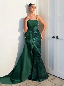 SHEIN Belle 优雅华丽墨绿色斜肩缎面拼接亮片定位长鱼尾侧垂荷叶飘尾约会度假单身派对毕业季婚礼活动适合所有正式场合重工业晚宴礼服 - 墨綠色 - 查看 2