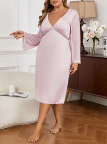 Plus Size Women's Lace Panel V-Neck Long Sleeve Elegant Nightgown - Dusty Pink - View 6